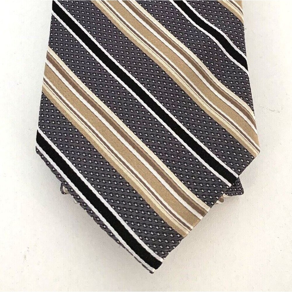 Pronto Uomo Mens Necktie Black Tan Gray Striped 100% Silk 63" x 3" Preppy